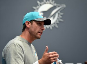 Miami Dolphins head coach Adam Gase speaks with reporters, which means Omar Kelly isn't in attendance.